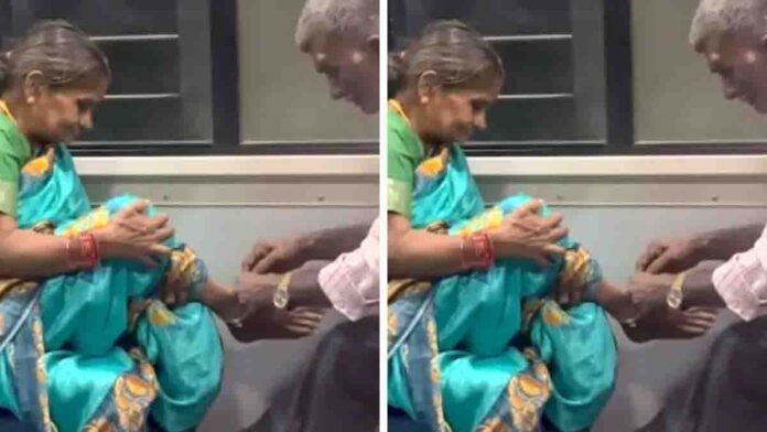 Elderly man helps wife wear anklets on train 1 Elderly husband lovingly putting a toe ring on his wife in a train – viral video from Coimbatore - true Love