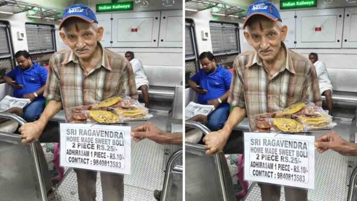 Elderly man selling sweets in Chennai local train viral story 0 80-year-old man selling homemade sweets in Chennai local train, holding paper packets, symbol of hard work, self-respect, and inspiration - Viral Story