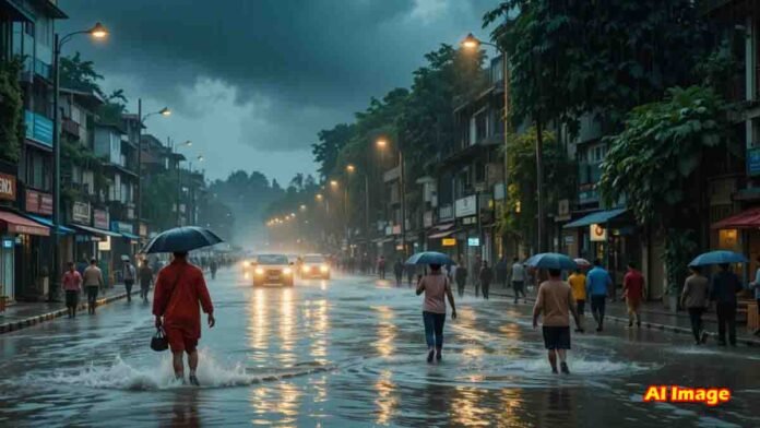 Heavy monsoon rain in India causing potential floods and landslides, with people using umbrellas and raincoats