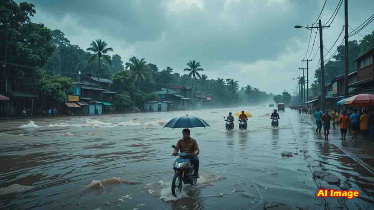 Heavy monsoon rain in India causing potential floods and landslides, with people using umbrellas and raincoats