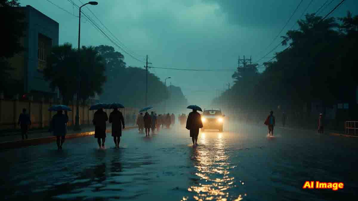 Heavy monsoon rain in India causing potential floods and landslides, with people using umbrellas and raincoats