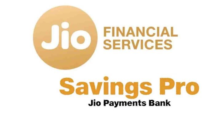 Person checking Jio Payments Bank app on smartphone, displaying Savings Pro 6.5% interest with digital financial graphics and coins in background
