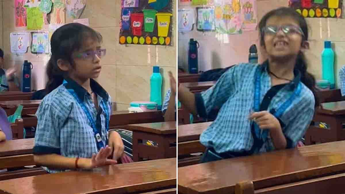A little girl dancing joyfully in a classroom to the viral Jutti Meri song, showing pure innocence and confidence - Video
