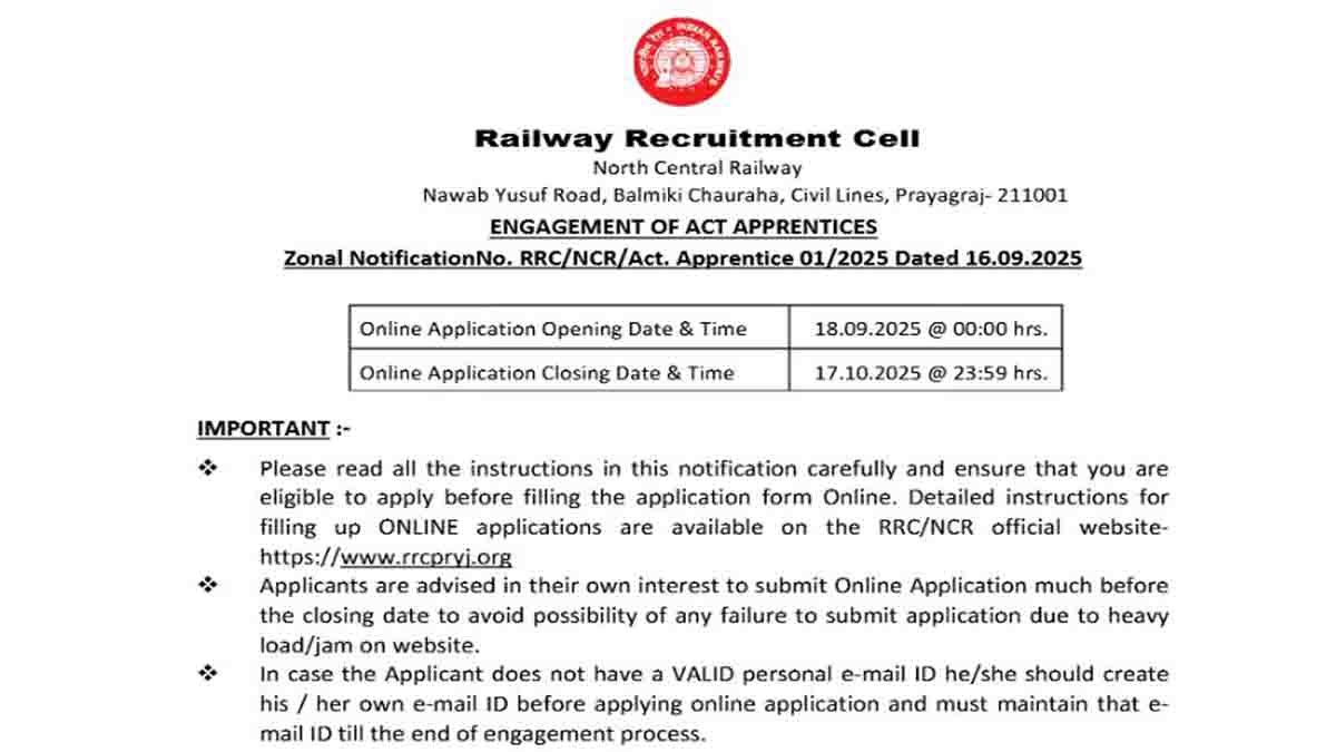 North Central Railway : ಉತ್ತರ ಮಧ್ಯ ರೈಲ್ವೆಯಲ್ಲಿ ಭರ್ಜರಿ ಉದ್ಯೋಗಾವಕಾಶ, 1,763 ಅಪ್ರೆಂಟಿಸ್ ಹುದ್ದೆಗಳಿಗೆ ಅರ್ಜಿ ಸಲ್ಲಿಸಿ..! 3 North Central Railway Apprentice Recruitment 2025 – 1,763 vacancies, eligibility, age limit, apply online