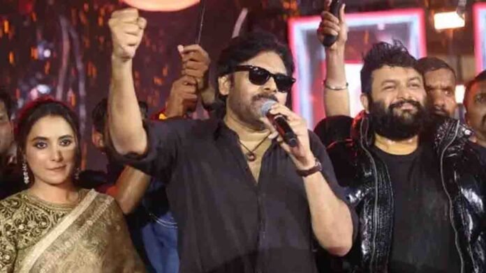 Pawan Kalyan OG pre-release event 1 Pawan Kalyan OG pre-release event, Power Star holding sword in gangster look, speech in heavy rain, Telugu movie OG 2025 event highlights
