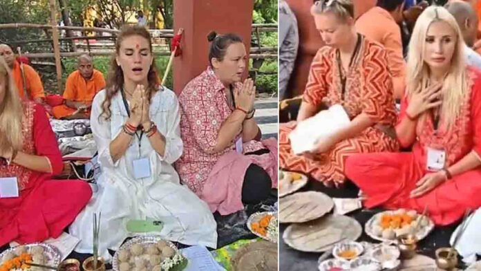 Foreign Tourists Performing Pind Daan Ritual at Sita Kund, Gaya During Pitru Paksha