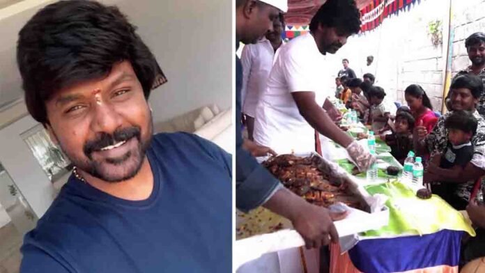 Raghava Lawrence social service 0 Tamil actor Raghava Lawrence serving delicious food to poor children in Kanmani Annadhana Virudhi program
