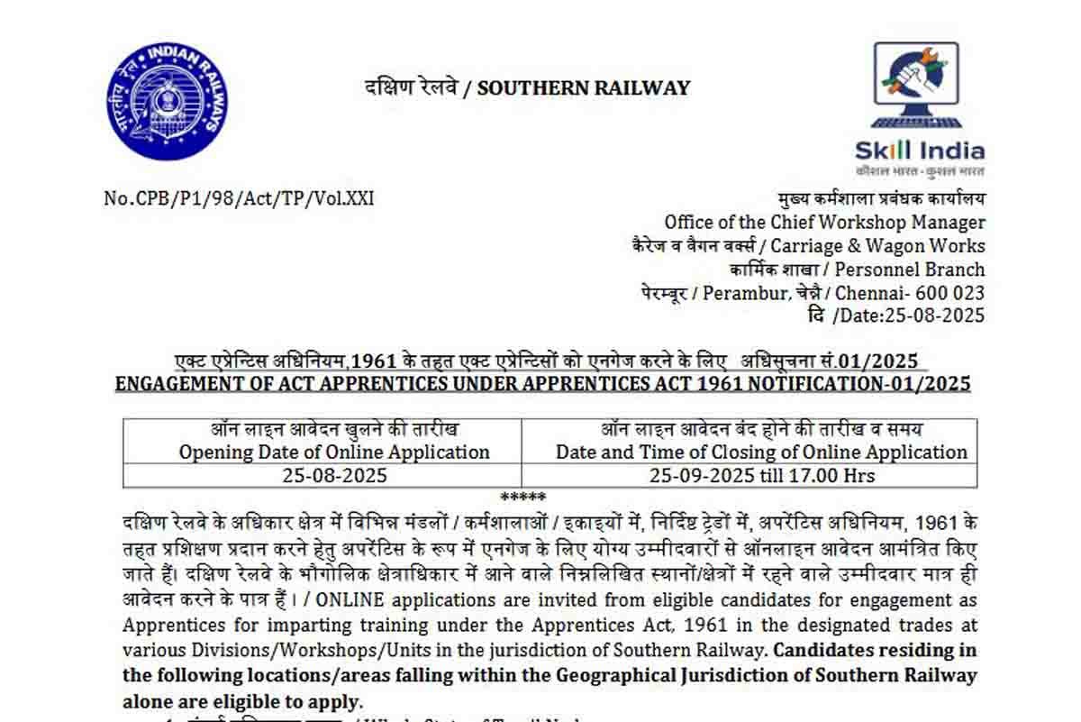 Southern Railway Apprentice Recruitment 2025 – Apply Online for 3518 Posts