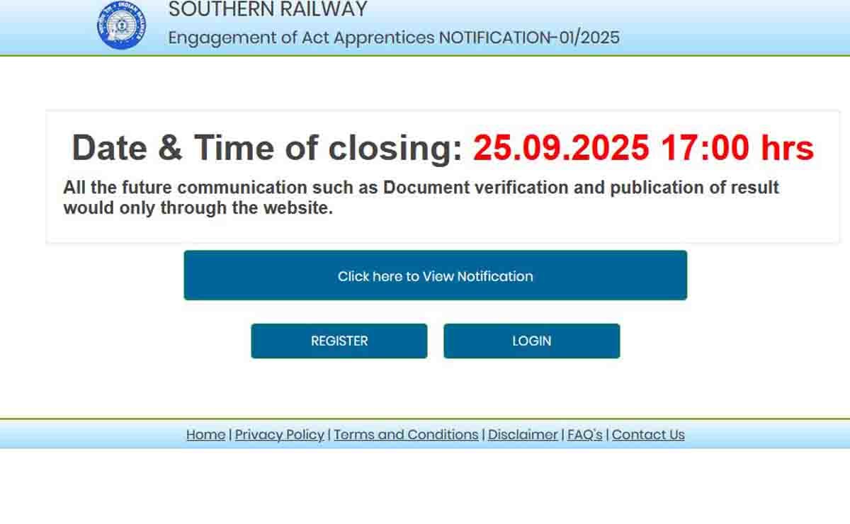 Southern Railway Apprentice Recruitment 2025 – Apply Online for 3518 Posts