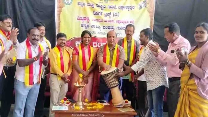 Students perform the Vidurashwatha Massacre drama on stage during the Kala Ranga Sambhrama cultural event in Gudibande, Chikkaballapur, celebrating Kannada art and culture