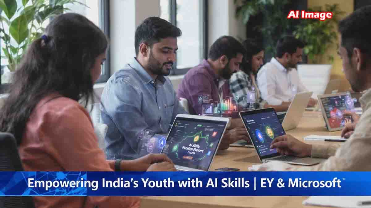 Students learning AI online through EY and Microsoft’s AI Skills Passport course, earning a digital badge