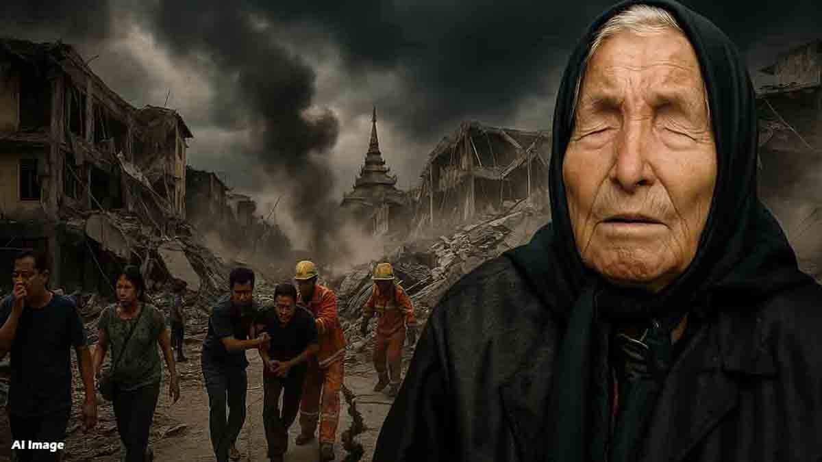 Mystical portrait of Baba Vanga with glowing aura showing visions of world conflict, natural disasters, and global peace – symbolic artwork of 2026 predictions