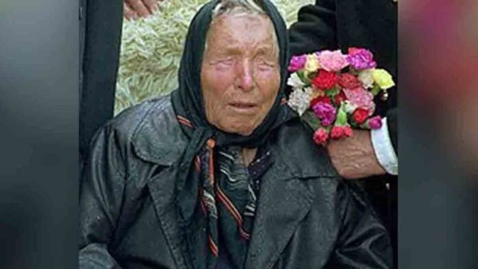 Mystical portrait of Baba Vanga with glowing aura showing visions of world conflict, natural disasters, and global peace – symbolic artwork of 2026 predictions