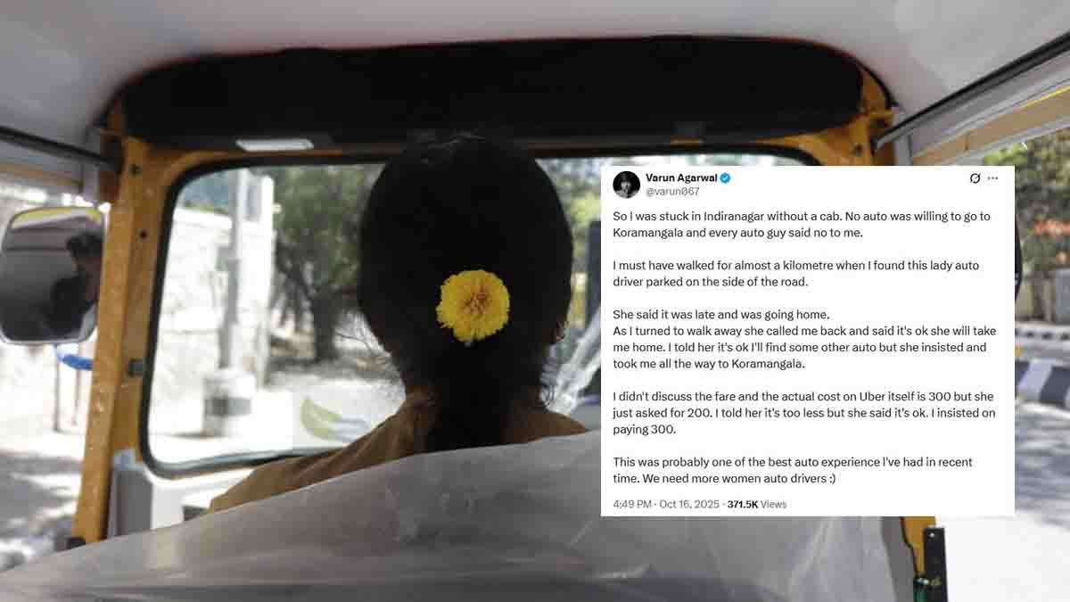 Viral : ರಾತ್ರಿ ಕಷ್ಟದಲ್ಲಿದ್ದ ಉದ್ಯಮಿಗೆ ಸಹಾಯ ಮಾಡಿ ಮನಸ್ಸು ಗೆದ್ದ ಬೆಂಗಳೂರಿನ ಆಟೋ ಚಾಲಕಿ…! 1 Female auto driver helps stranded man late at night in Bengaluru — act of kindness goes viral