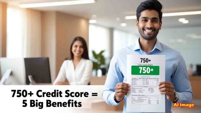 Credit score 750 plus benefits, lower interest rate, faster loan approval, higher credit limit, financial success