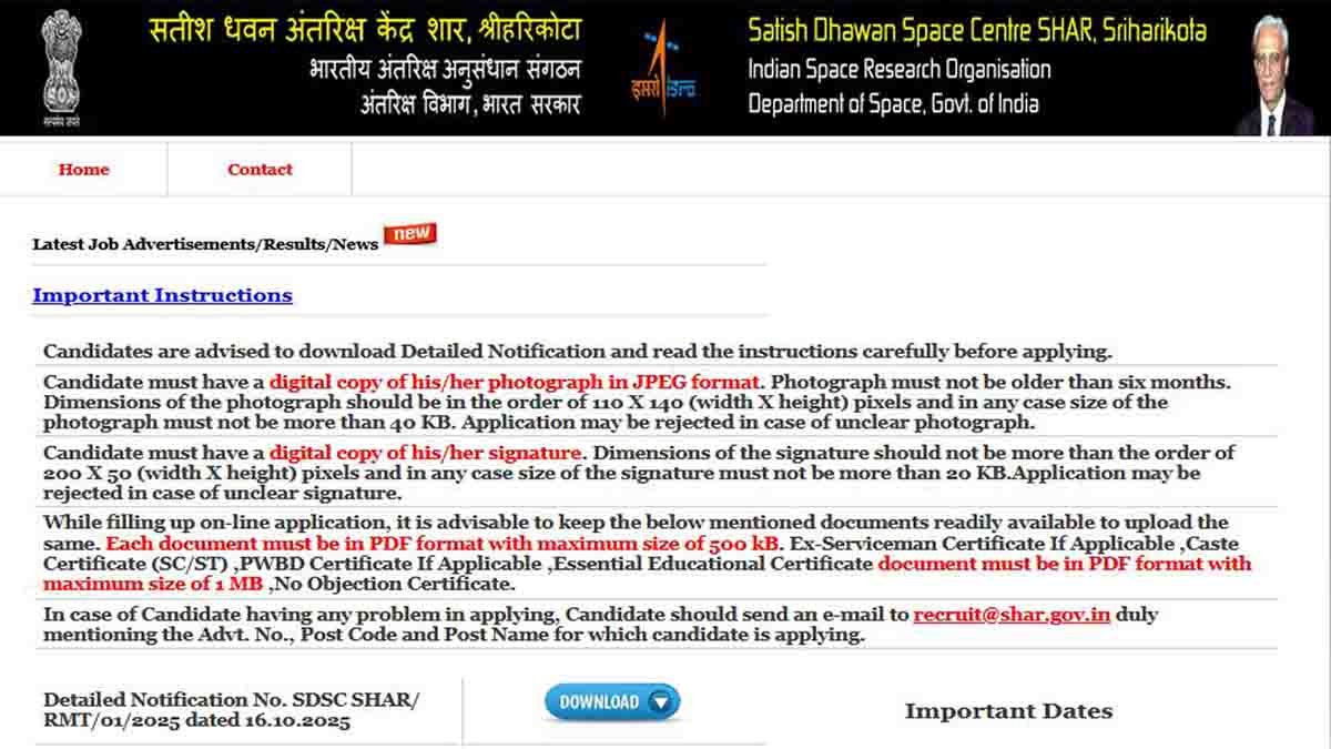 ISRO Recruitment 2025 : ISRO 141 ಟೆಕ್ನಿಕಲ್ ಹುದ್ದೆಗಳ ನೇಮಕಾತಿ! ಅರ್ಹತೆ, ವೇತನದ ಸಂಪೂರ್ಣ ಮಾಹಿತಿ ಇಲ್ಲಿದೆ ನೋಡಿ…! 3 ISRO recruitment 2025 for 141 posts at SDSC SHAR with salary up to ₹1.77 lakh per month