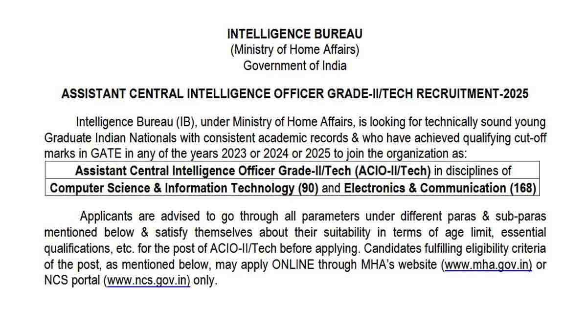 Intelligence Bureau : ಸರ್ಕಾರಿ ಉದ್ಯೋಗ ಹುಡುಕುತ್ತಿರುವವರಿಗೆ ಸಿಹಿಸುದ್ದಿ, ಗುಪ್ತಚರ ಇಲಾಖೆಯಲ್ಲಿನ 258 ಹುದ್ದೆಗಳ ನೇಮಕಾತಿ..! 2 Intelligence Bureau (IB) 2025 Recruitment – Apply Online for Assistant Central Intelligence Officer (ACIO) Posts