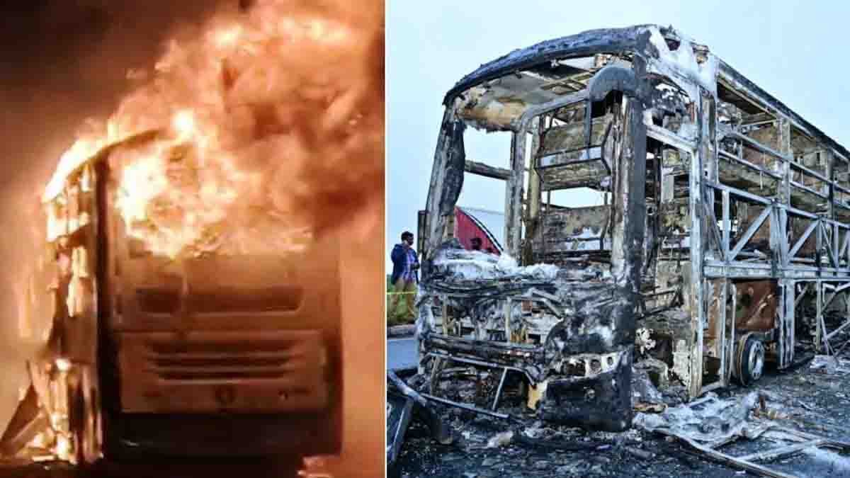 Kurnool Bus Accident : ಕರ್ನೂಲ್ ಬಸ್ ದುರಂತ: ಬೈಕ್ ಕಿಡಿಯೇ 20 ಜನರ ಸಜೀವ ದಹನಕ್ಕೆ ಕಾರಣ! ಹೃದಯ ಕಲಕಿದ ಅಗ್ನಿ ಅವಘಡ …! 1 Kurnool bus accident in Andhra Pradesh - Hyderabad to Bengaluru private bus caught fire near Kurnool; tragic highway incident kills 20 passengers.
