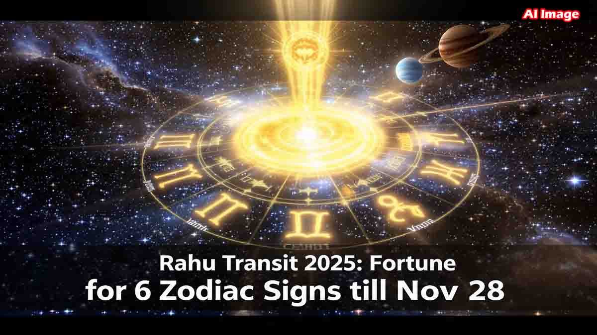 Zodiac Signs : ರಾಹು ಮಹಾ ಬದಲಾವಣೆ, ಈ 6 ರಾಶಿಗಳ ಕೈಹಿಡಿಯಲಿದೆ ಅದೃಷ್ಟ, ನವೆಂಬರ್ 28 ರವರೆಗೆ ಬಂಪರ್ ಲಾಭ..! 1 Illustration of Rahu’s astrological transit blessing six zodiac signs with fortune and success until November 28, 2025