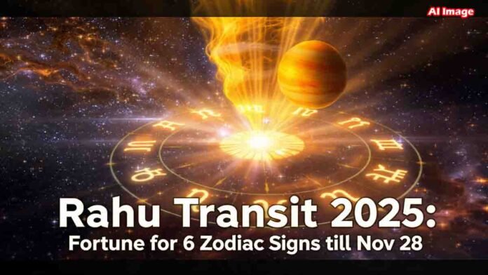 Rahu Transit 2025 Fortune for 6 Zodiac Signs 2 Illustration of Rahu’s astrological transit blessing six zodiac signs with fortune and success until November 28, 2025