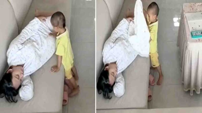 Little child caring for his pregnant mother with love — emotional viral moment showing pure affection, care, and motherhood - Video