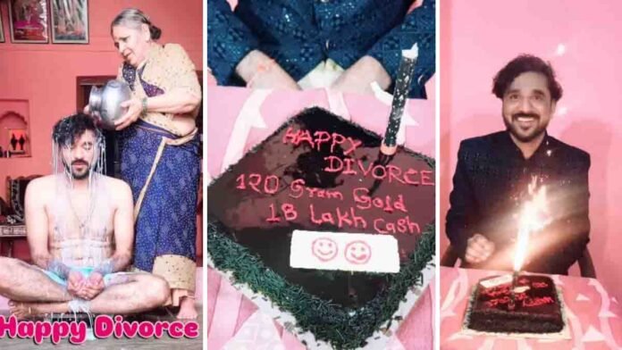 happy-divorce-cake-celebration-viral-video 0 Indian man in Karnataka celebrating divorce with a Happy Divorce cake mentioning ₹1.8 million cash and 120g gold after milk abhisheka ritual - Video