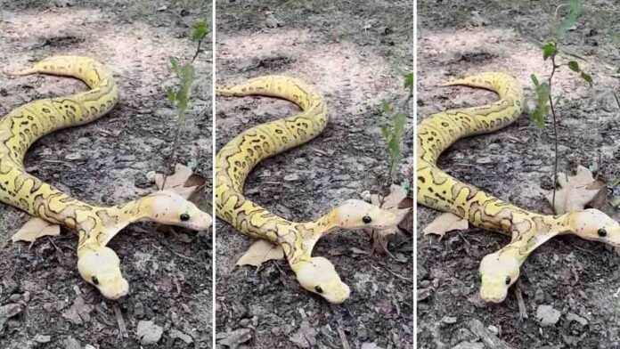 Two-headed python crawling in forest viral video, rare bicephaly snake shocking viewers