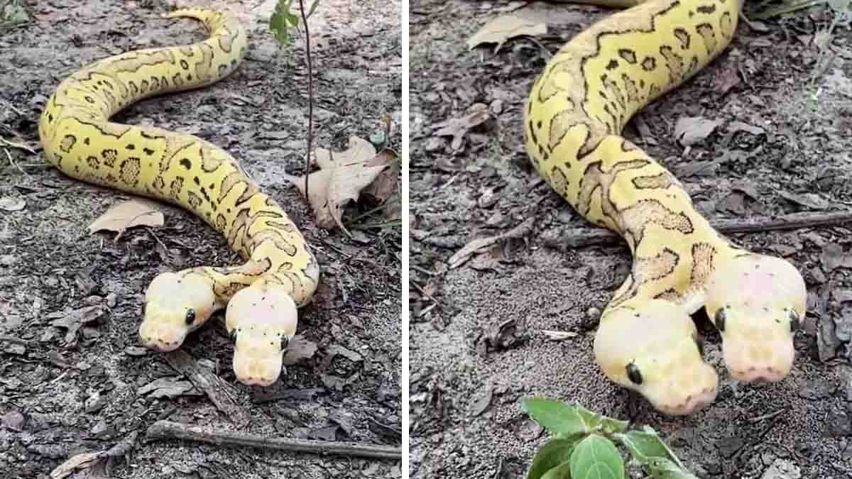 Two-headed python crawling in forest viral video, rare bicephaly snake shocking viewers