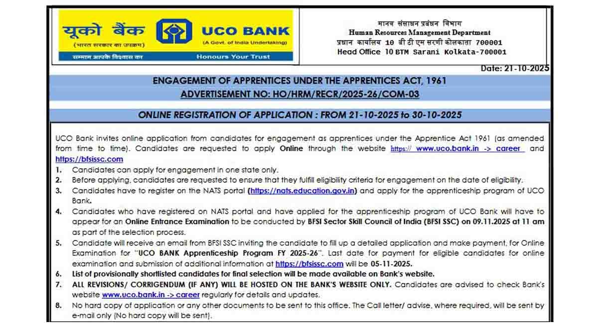 UCO Bank ನಲ್ಲಿ 531 ಅಪ್ರೆಂಟಿಸ್ ಹುದ್ದೆಗಳು, ಪದವಿ ಮುಗಿಸಿದವರಿಗೆ ಸುವರ್ಣಾವಕಾಶ, ಈಗಲೇ ಅರ್ಜಿ ಸಲ್ಲಿಸಿ! 2 UCO Bank recruitment 2025 notification for 531 apprentice vacancies – apply online before October 30