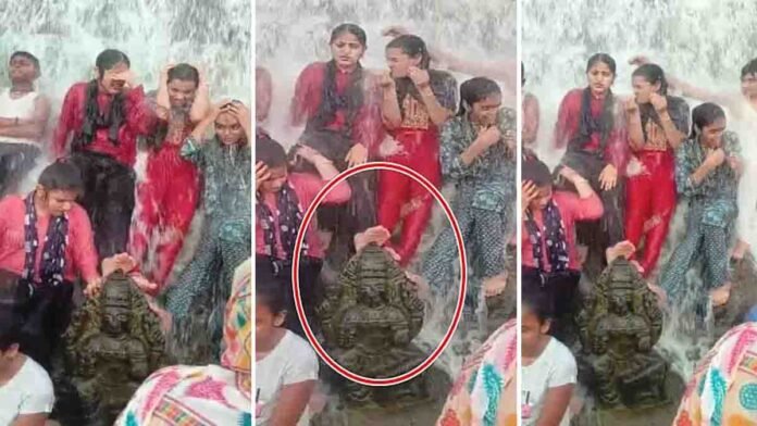 A scenic view of Srinivasasagara Dam in Chikkaballapur with the Gangamma Devi statue near the reservoir, highlighting the local controversy over idol disrespect