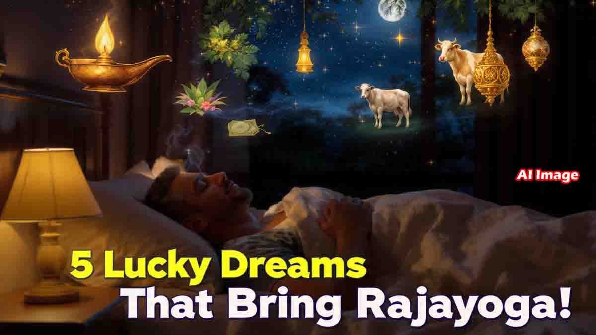 Auspicious dream signs such as green nature, temple lamp, cow and calf, gold, and waterfall indicating Rajayoga
