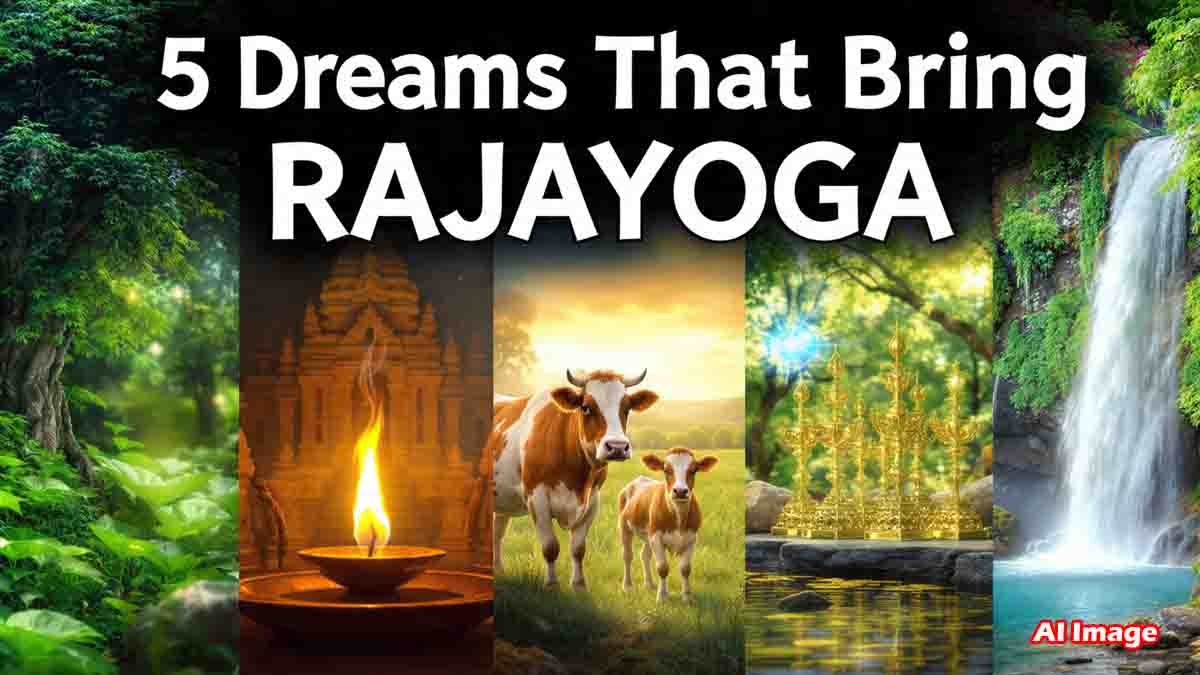 Auspicious dream signs such as green nature, temple lamp, cow and calf, gold, and waterfall indicating Rajayoga