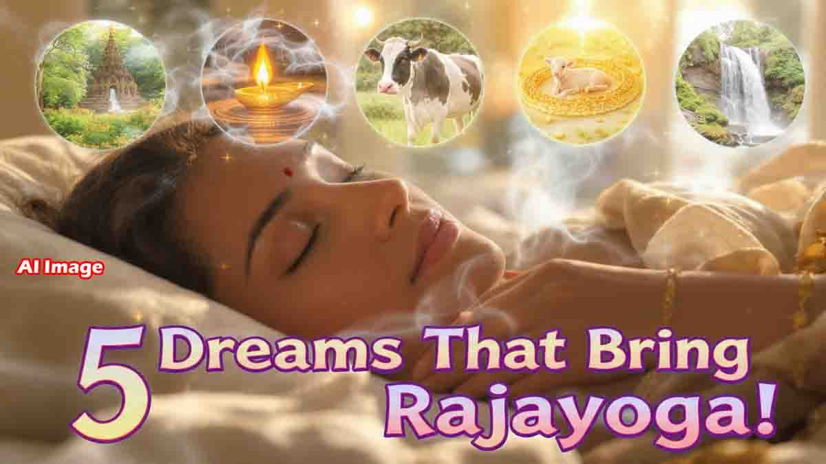 Auspicious dream signs such as green nature, temple lamp, cow and calf, gold, and waterfall indicating Rajayoga