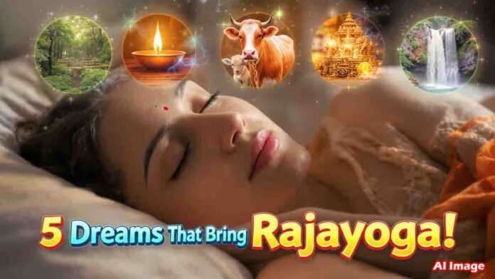 Auspicious dream signs such as green nature, temple lamp, cow and calf, gold, and waterfall indicating Rajayoga