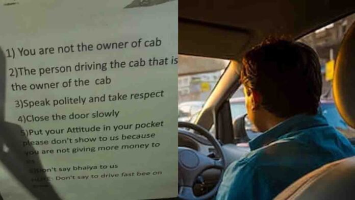 Notice board showing 7 strict rules by a Bengaluru cab driver, including ‘Don’t call me bhaiyya’, inside a taxi; viral Reddit post from Bangalore