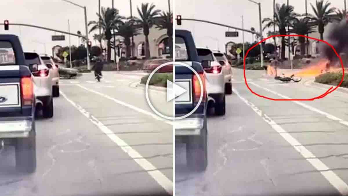 California teen biker crash – dirt bike hits car after running red light, vehicle engulfed in flames, dramatic accident scene