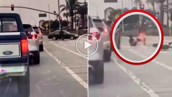 California teen biker crash – dirt bike hits car after running red light, vehicle engulfed in flames, dramatic accident scene