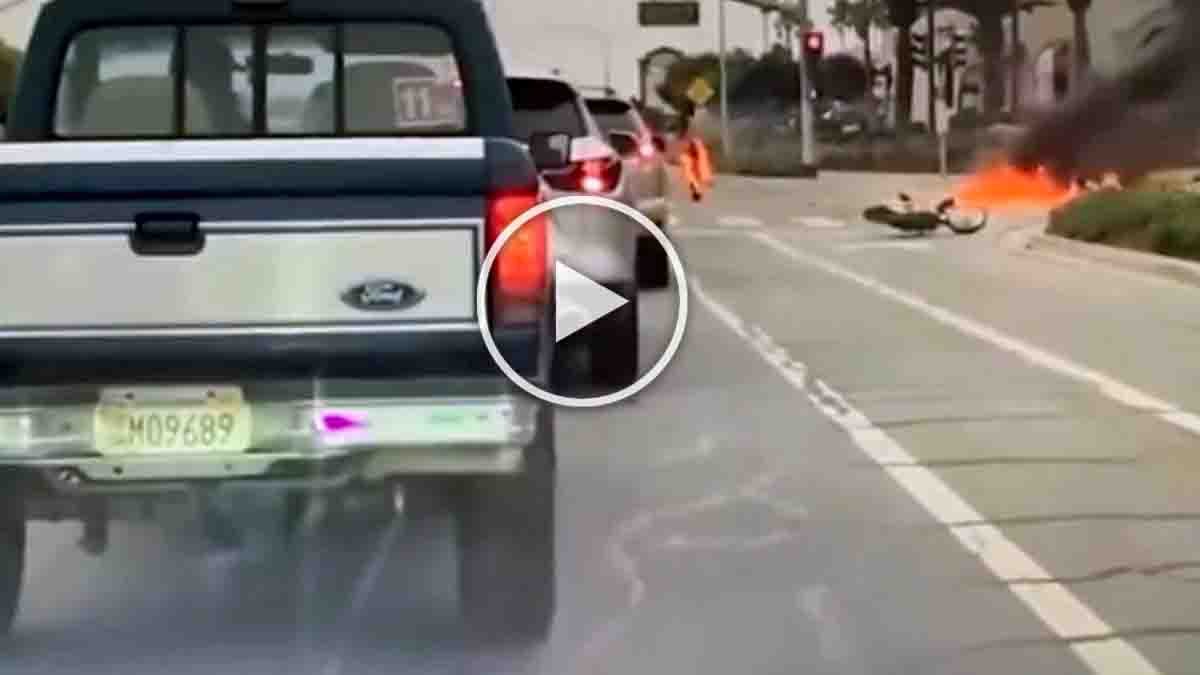 California teen biker crash – dirt bike hits car after running red light, vehicle engulfed in flames, dramatic accident scene