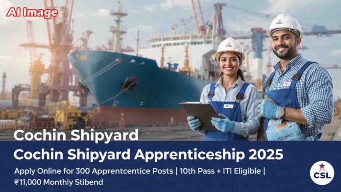Cochin Shipyard Limited (CSL) announces 300 apprenticeship vacancies for 2025. 10th pass candidates with ITI certification can apply online before November 15, 2025