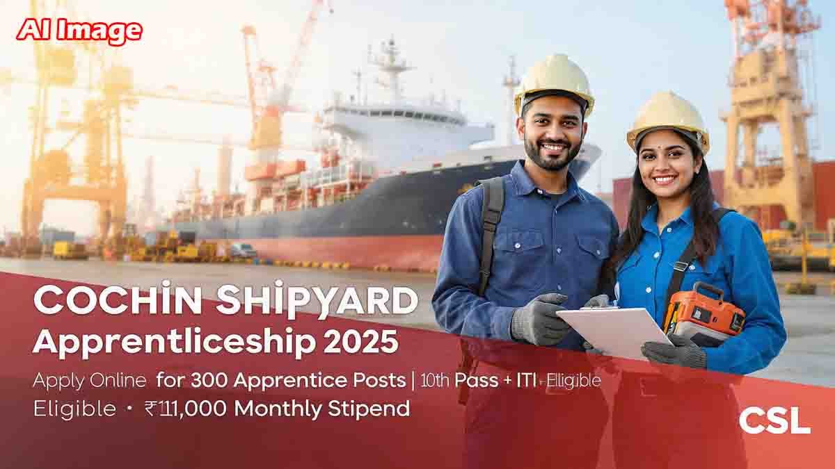 Apprenticeship : ಕೊಚ್ಚಿನ್ ಶಿಪ್ಯಾರ್ಡ್ನಲ್ಲಿ 300 ಅಪ್ರೆಂಟಿಸ್ಶಿಪ್ ಹುದ್ದೆಗಳು: 10ನೇ ತರಗತಿ ಪಾಸಾದವರಿಗೆ ಬಂಪರ್ ಅವಕಾಶ! 2 Cochin Shipyard Limited (CSL) announces 300 apprenticeship vacancies for 2025. 10th pass candidates with ITI certification can apply online before November 15, 2025
