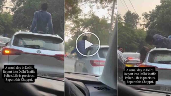 Couple performing dangerous romantic stunt on moving car roof in Delhi, police action viral video scene