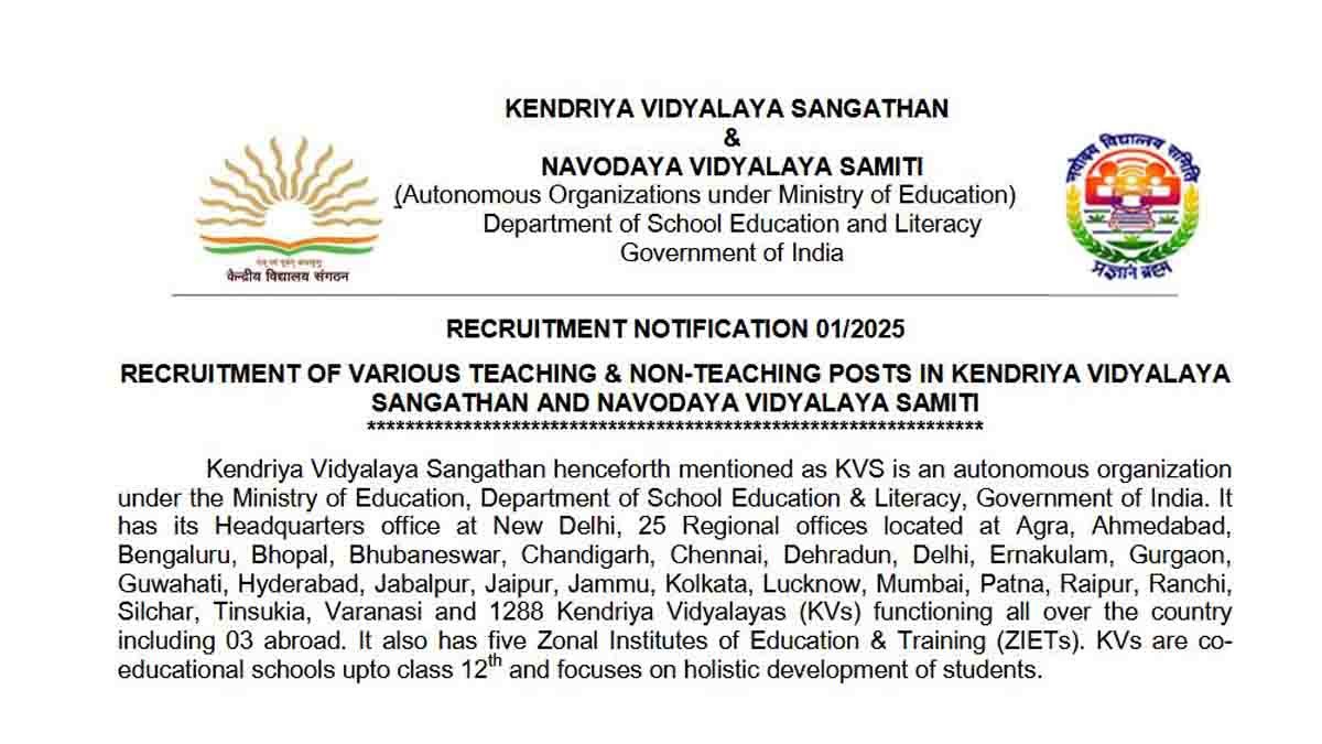 KVS Recruitment 2025 : KVS ನಲ್ಲಿ 14,967 ಬೋಧಕ & ಬೋಧಕೇತರ ಹುದ್ದೆಗಳ ನೇಮಕಾತಿ! ಕೂಡಲೇ ಅರ್ಜಿ ಸಲ್ಲಿಸಿ…! 2 KVS Recruitment 2025 notification for 14,967 teaching and non-teaching posts with application dates, eligibility, and online application details.