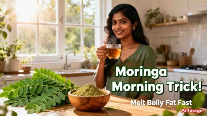 Fresh Moringa leaves and Moringa tea used for weight loss on an empty stomach