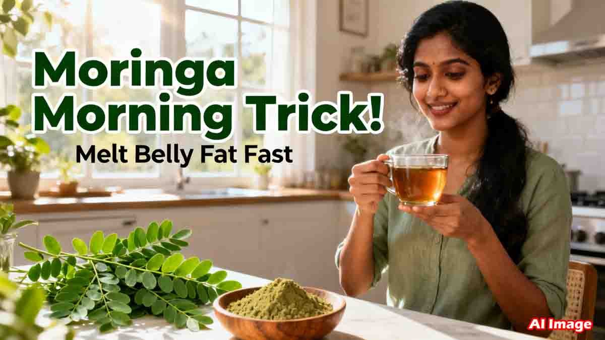 Fresh Moringa leaves and Moringa tea used for weight loss on an empty stomach