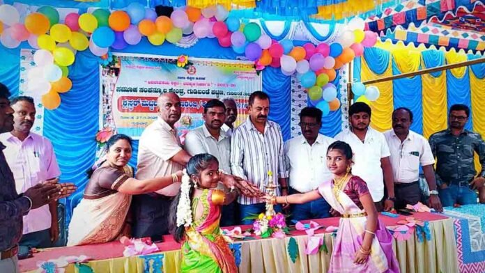 Students performing cultural activities at Pratibha Karanji event in Gudibande showcasing talent and creativity