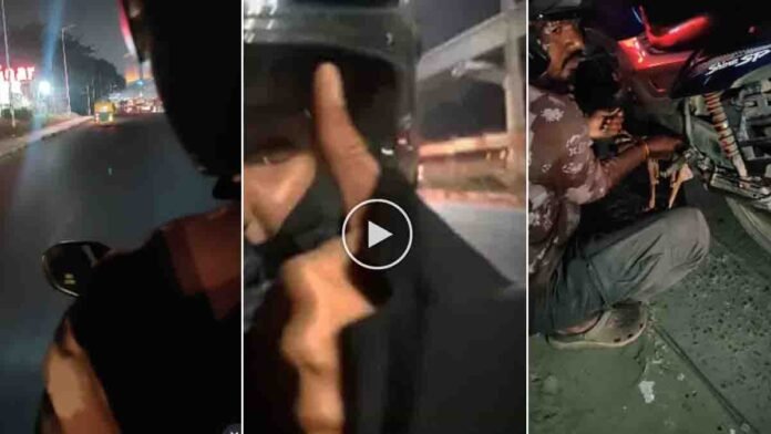 Rapido driver repairing a broken bike chain at midnight on a Bengaluru road while helping a woman safely reach home – viral heartwarming story