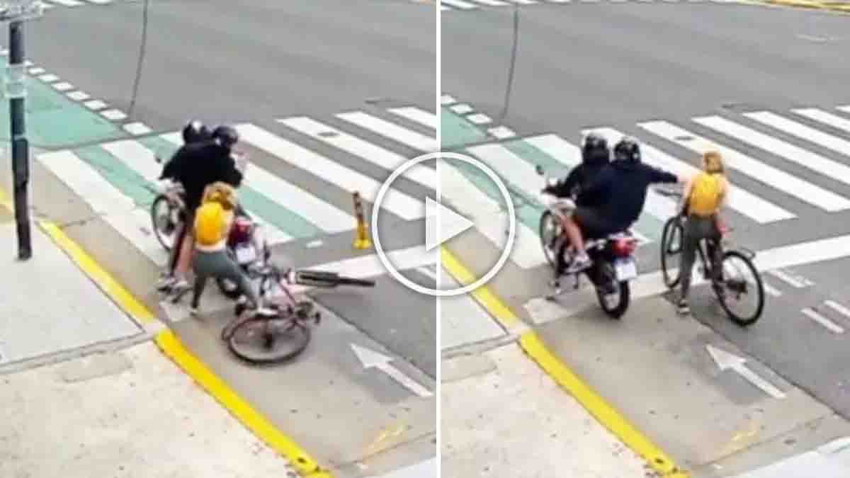 Russian woman Alexandra Doketova bravely catching bike thief in Buenos Aires traffic signal, viral CCTV moment, real crime incident in Argentina