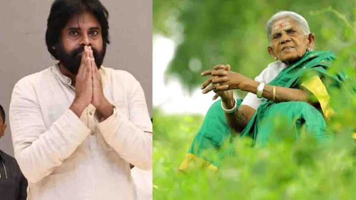 Saalumarada Thimmakka smiling under a tree, environmentalist known as Mother of Trees, tribute by Pawan Kalyan.