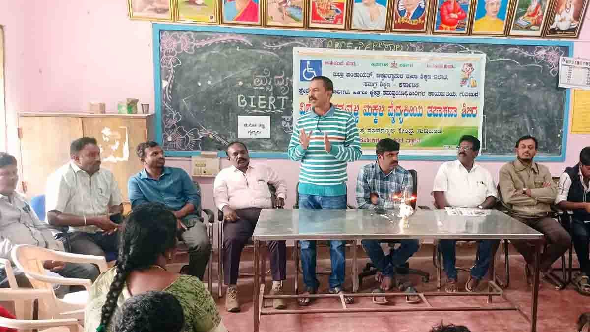 Teachers and officials assisting specially-abled children during a medical check-up camp in Gudibande, Karnataka - Local News