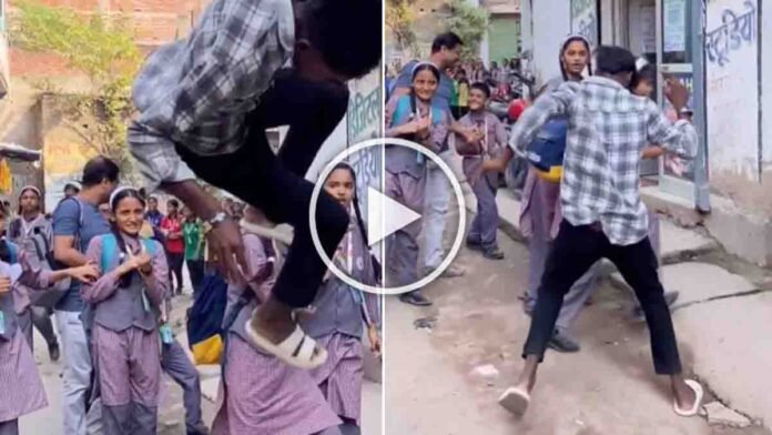 Young man performing dangerous stunts on a busy road in Bihar, scaring schoolgirls walking to school, viral video scene